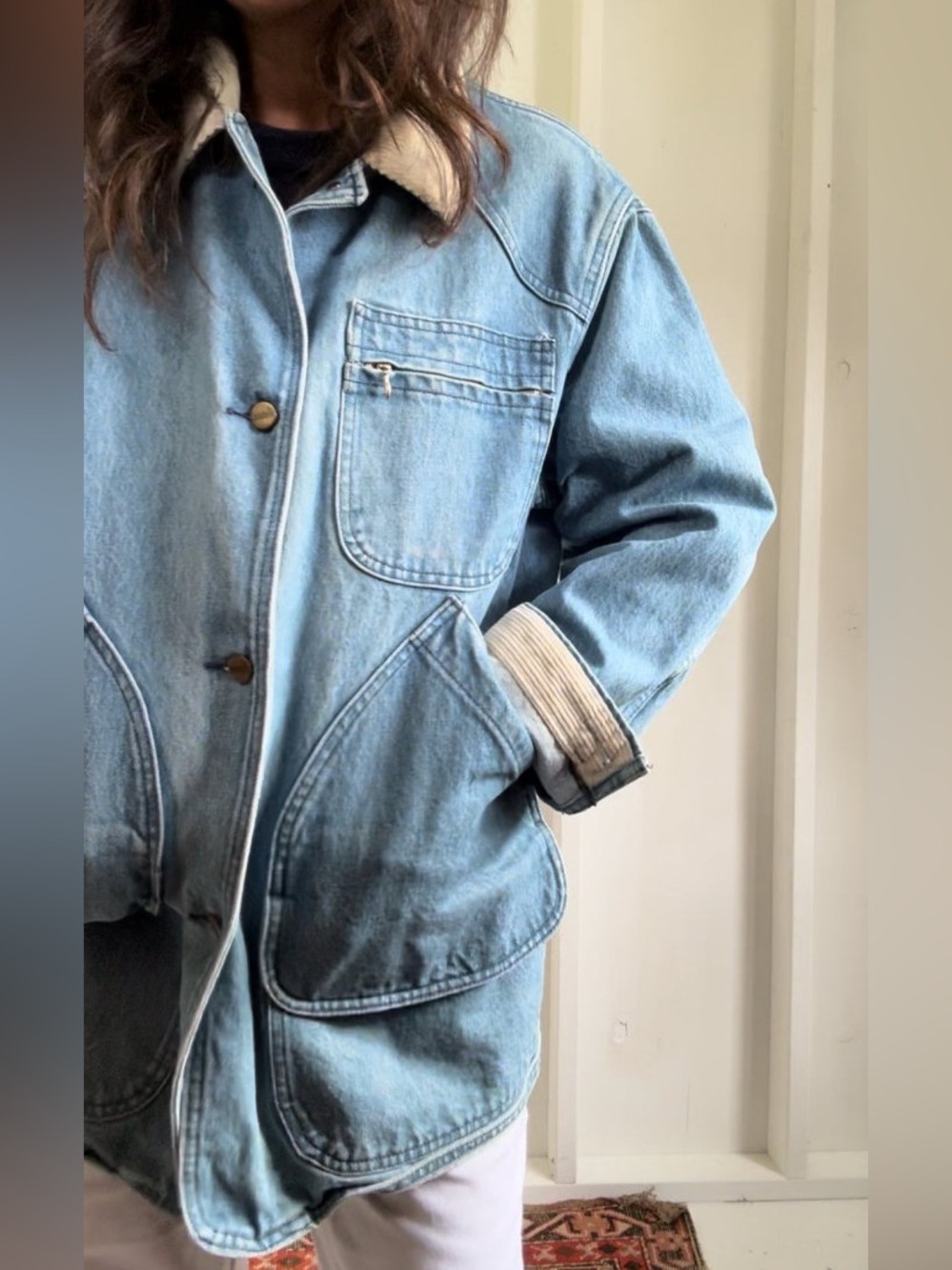 L.L. Bean Light Blue Denim Jacket with Cream Sherpa Collar - Picture 13 of 15
